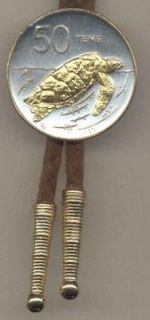 Cook Island 50 Tene Turtle Coin Bolo Tie, Gold/Silver