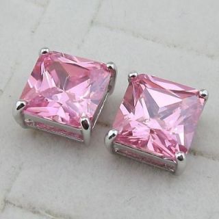 LOVELY PINK SQUARE CUT CZ GEMSTONE GOLD FILLED STUD EARRINGS E181 4
