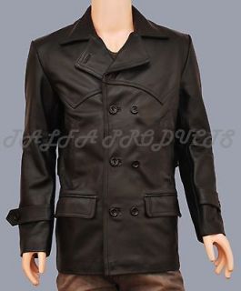 DOUBLE BREASTED DR WHO ECCLESTON GERMAN BLACK FAUX LEATHER JACKET PEA