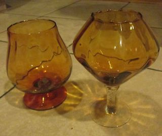   LOT OF 2 LARGE GLASS BRANDY SNIFTER AMBER   PLUS STEAMED GLASS