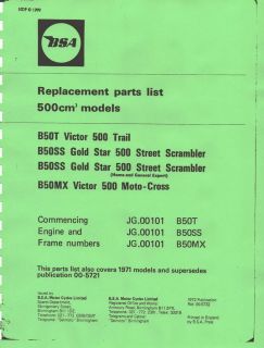 BSA Parts Manual Book B50T Victor 500 Trail & B50MX Victor 500 Moto