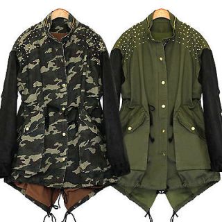 ladies vintage camouflage army military jacket fleece coat studded
