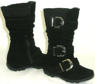 Toddler Girls Kids Black Tall Three Buckle Suede Flat Boots Warm Knit