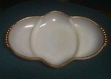 THREE SECTION FIRE KING OVENWARE TRIMMED IN GOLD COLORING ROPE PATTERN