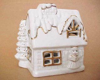 Village Snow Cottage or Ceramic Candle Holder Vtg 1980s Gold Trim