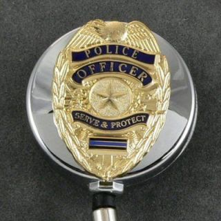 Police Badge Blue Line Retractable ID Holder Reel