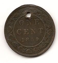 1859 One Cent Coin  Victoria Dei Gratia Regini with Hole at the