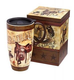 Cypress Home Ceramic Travel Coffee Mug   Saddle UP