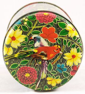 Vintage Tin Can Empty Tea Chocolate Candy Bird Flower Floral Drawings