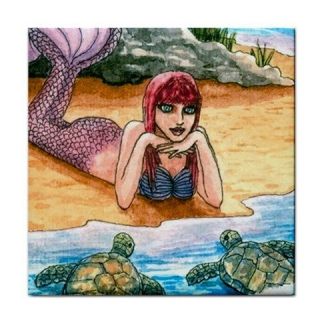 Mermaid 20 Turtle Ceramic Tile Coaster or Framed tile from Art