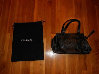 CHANEL france black womens handbag LEATHER with DUSTBAG large logo CC