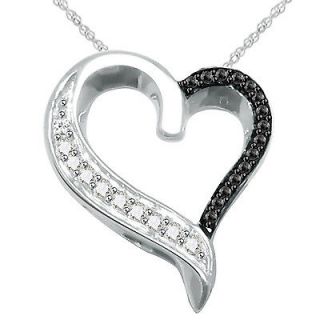 Black & White Diamond Heart Pendant in Sterling Silver with 18