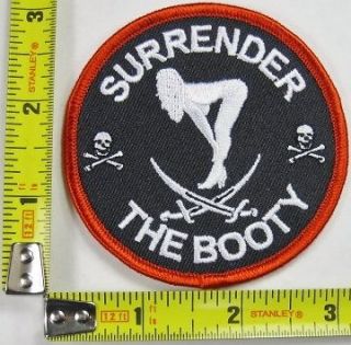 Surrender the Booty Patch Pirate Skull & Cross Bone Swords iron on sew