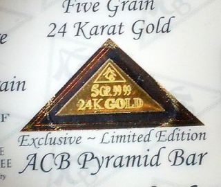 RARE ACB PYRAMID 5 GRAIN 24K SOLID GOLD BULLION MINTED BAR 99.99 FINE
