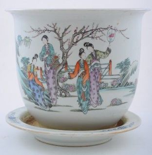 Chinese Famille Rose Porcelain Planter Jardiniere Pot Plate Figure