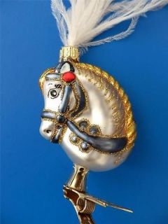 WHITE SHOW HORSE PONY REAL PLUME GERMAN BLOWN GLASS CHRISTMAS ORNAMENT