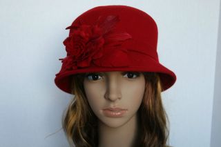 2012 NEW Fall/Winter Wool Felt Cloche w Flower Red Ladies dress hat