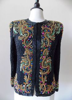 Vintage Silk Sequined Beaded Trophy Blazer Long Sleeve Laurence Kazar