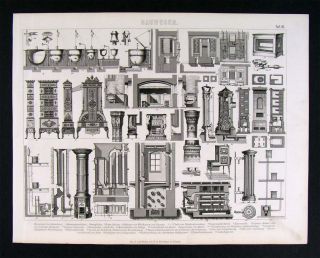 1874 Architecture Print Gas Coal Heater Furnace Types