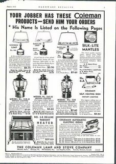 1936 AD Coleman Kerosene Gas Gasoline Lamps Lanterns Sad Iron