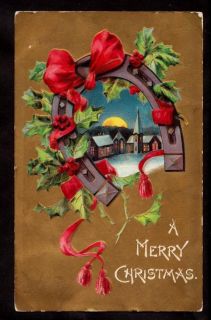 1906 p.sander red bow horseshoe church scene gold christmas postcard