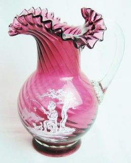 Cranberry Glass Mary Gregory Hand Blown Ruffle Pitcher Boy Fishing