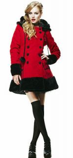 Hell Bunny Sarah Jane Coat Red Wool Mix Jacket Fur Trim Hood Gothic
