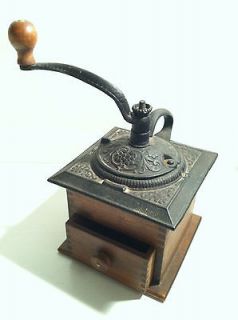 Vintage ANTIQUE Coffee Grinder MILL Cast Iron & Wood Detailed Floral