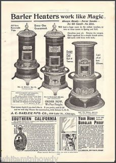 1898 BARLER OIL HEATER Antique AD~3 Styles w/ prices