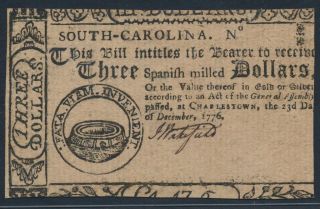 CONTINENTAL CURRENCY $3.00 12/23/1776 SOUTH CAROLINA UNC. UNSIGNED SC