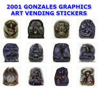 GONZALES GRAPHICS ART 2001 VENDING MACHINE 12 STICKERS SET 2.5 x 3.5