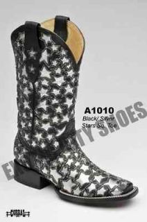 Corral Womens Square Toe Leather Cowboy Western Boots Black/Silver