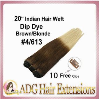 New20 Indian Remy Dip Dye Human Hair Weft/Clip in#4/613 Brown/Blonde
