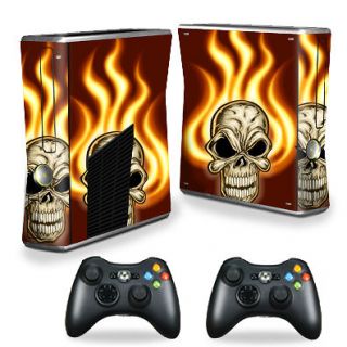 Decal Cover for Xbox 360 S Slim + 2 controllers Skins Burning Skull