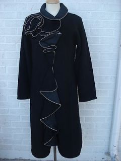 NWT CoVelo Black Boiled Wool Zipper Rose Long Coat M Medium $330 HTF