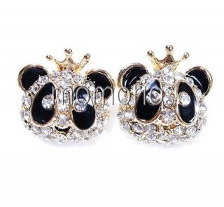 crystal Zoo happy Panda studs earrings animal pet crown king black