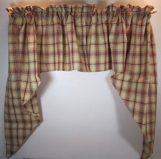 Country Brick Red Brown Cream Plaid Stanton Cotton Unlined Swags 72x36