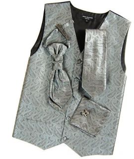Malone Wedding Vest Set, Gray Paisley, Incl Tie, Cravat & Accessories