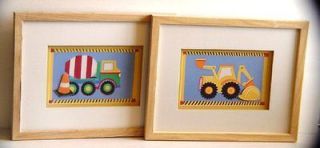 Two Framed Childrens Prints of Earth Moving Trucks by Kris Banks for