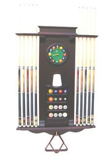 10 Pool Cue   Billiard Stick and Balll Wall Rack  Stand W/ Clock
