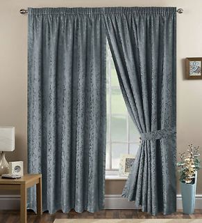 90x108 Lined Jacquard Grey Floral Leaf Detail Curtains inc Tie Backs
