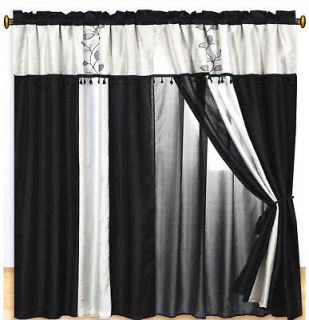 8PC Luxury Embroidery Leaves Black White Curtain Set
