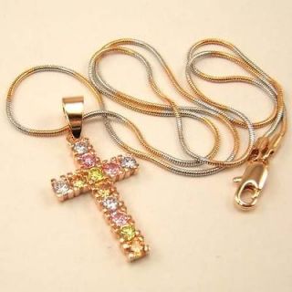 GOLD PLATED COLOR GEMSTONE CROSS PENDANT 18 NECKLACE SOLID FILL GP