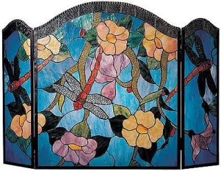 DALE TIFFANY DRAGONFLY FIREPLACE SCREEN, HAND ROLLED ART GLASS, BLUE