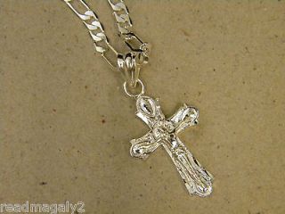 Plated 20in Long Figaro Necklace & Small Cross w Christ Charm Set