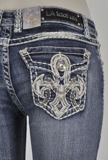 La Idol Boot Cut Jeans W/ White Stitching Cross Studs Designs. SZ 0 15
