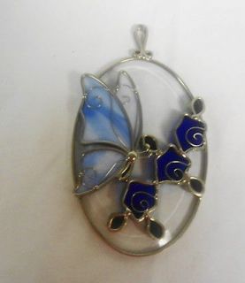 STAINED GLASS WINDOW HANGING BLUE BUTTERFLY & FLOWERS