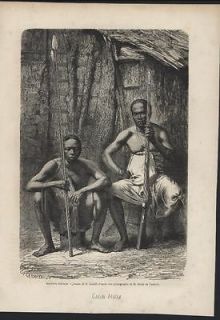 Men Spears Musket Warriors Gabon Africa 1865 antique wood engraved