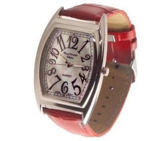 Marcel Drucker Red Leather Strap Watch with Silvertone Barrel Shape