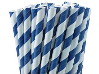 25 Paper Drinking Straws Navy Blue Stripes 7.75 Retro Vintage Style